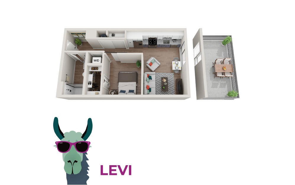 Levi - 1 bedroom floorplan layout with 1 bath and 587 square feet.