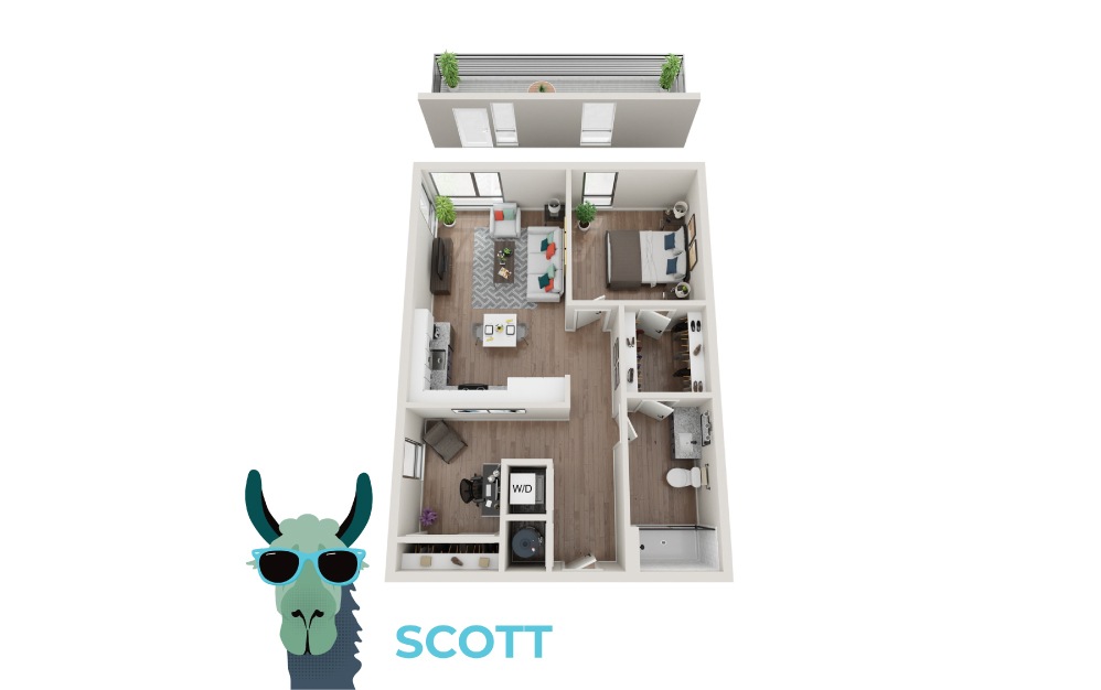 Scott - 1 bedroom floorplan layout with 1 bath and 782 square feet.