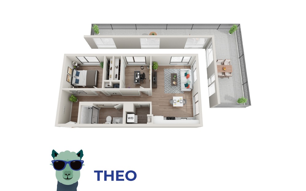 Theo - 1 bedroom floorplan layout with 1 bath and 777 square feet.